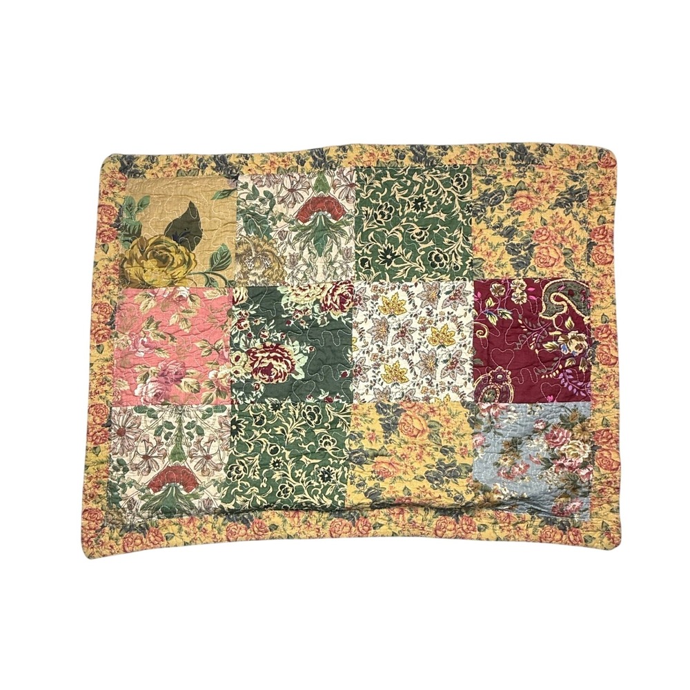Vintage Floral Patchwork Quilted Pillow Sham 100% Cotton Yellow Pink Green 28x21